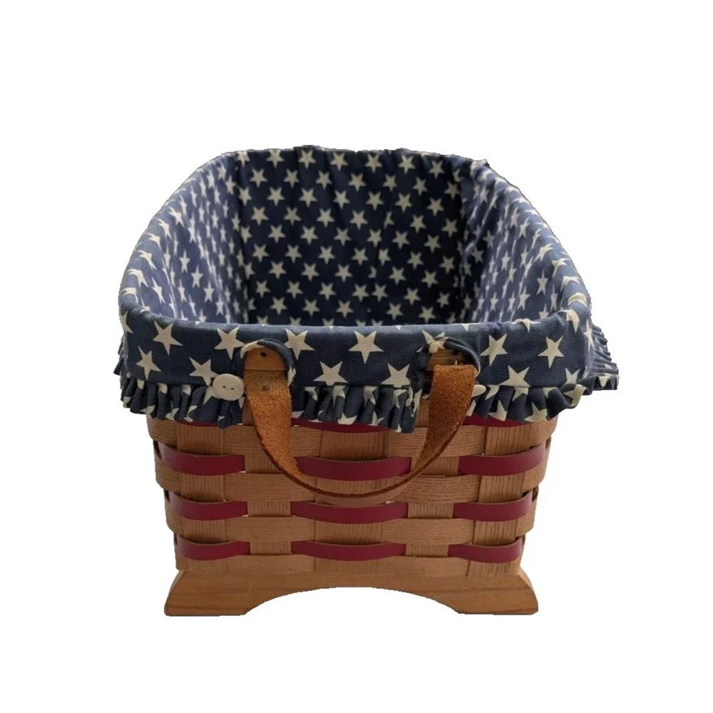 Peterboro Basket Co Wood Gathering Basket w/ Patriotic Liner & Leather Handles